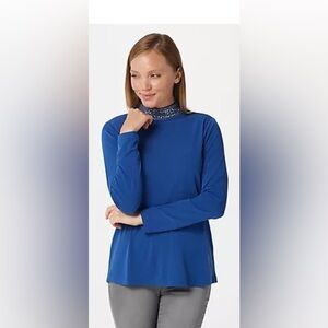 Susan Graver Liquid Knit Mock-Neck Top with Embellishments